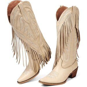 Cowboy Boots for Women Retro Pointed Toe Pull On Block Chunky Heel Embraided